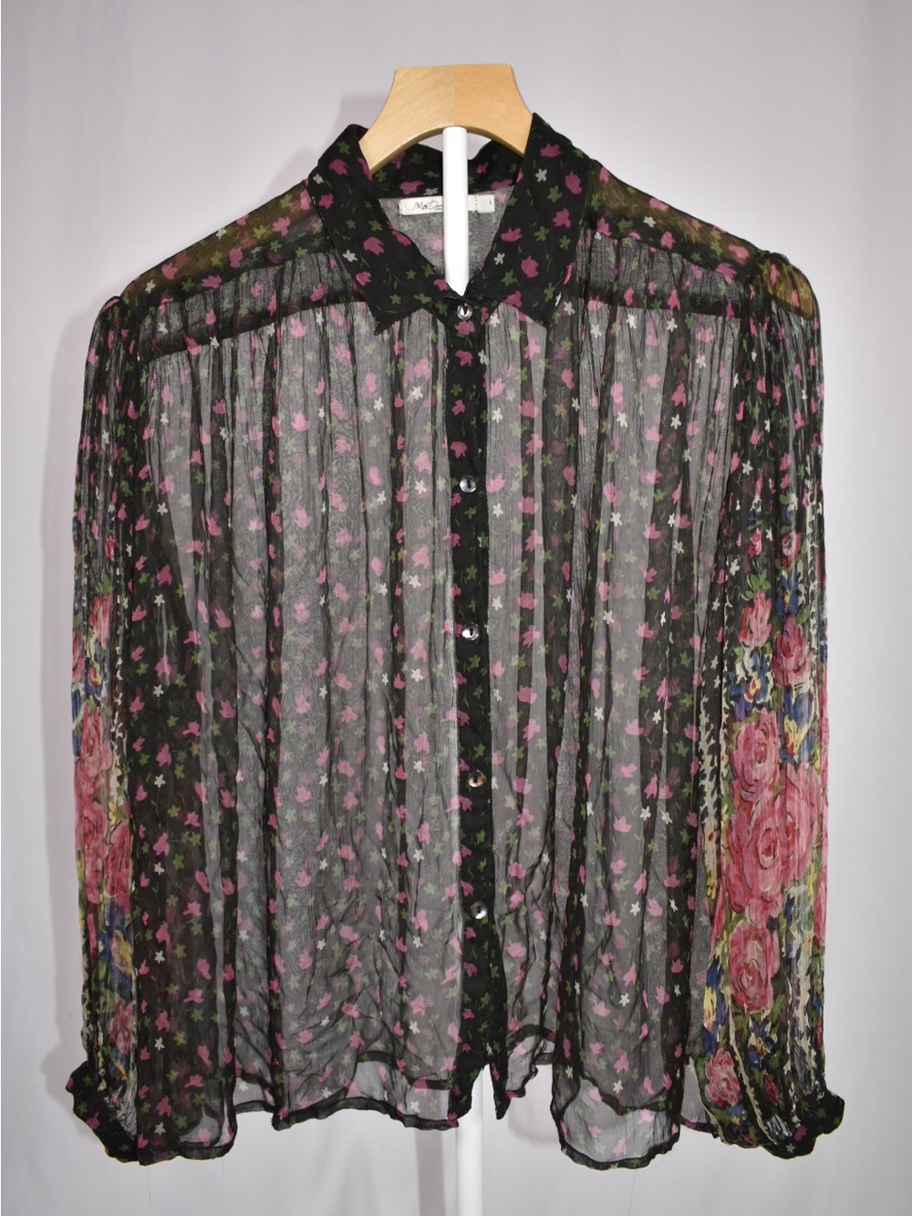 Mes Demoiselles Paris Sheer Floral Blouse Black Pink Roses Boho Size 1